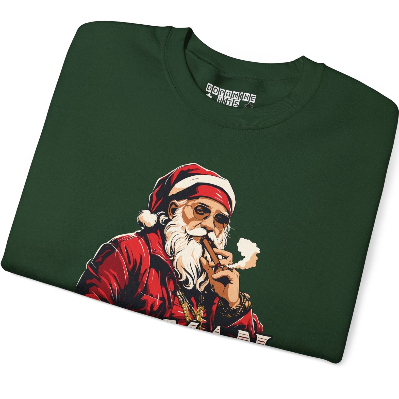 Folded green t-shirt with a graphic of a smoking Santa Claus on a white background