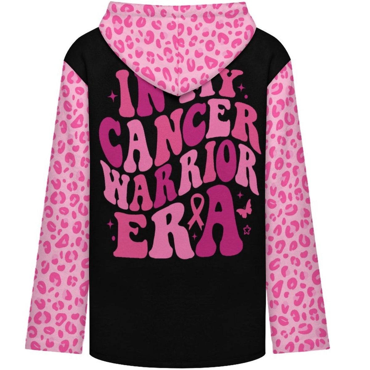 A long-sleeve hoodie shown from the back, featuring a black back body with pink and magenta leopard-print sleeves and hood, and large text reading 'IN MY CANCER WARRIOR ERA' in pink and magenta lettering.