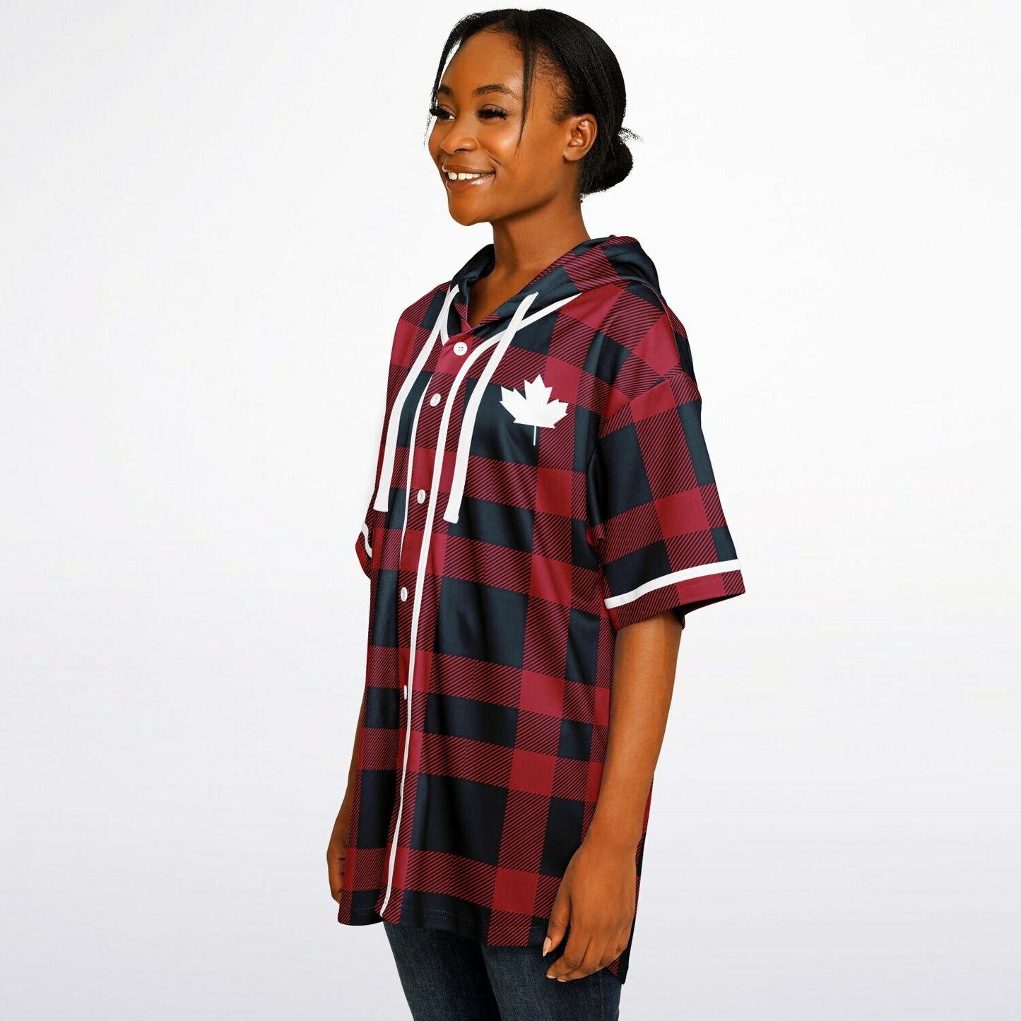 True North Strong and Free | Hooded Baseball Jersey - Red Plaid