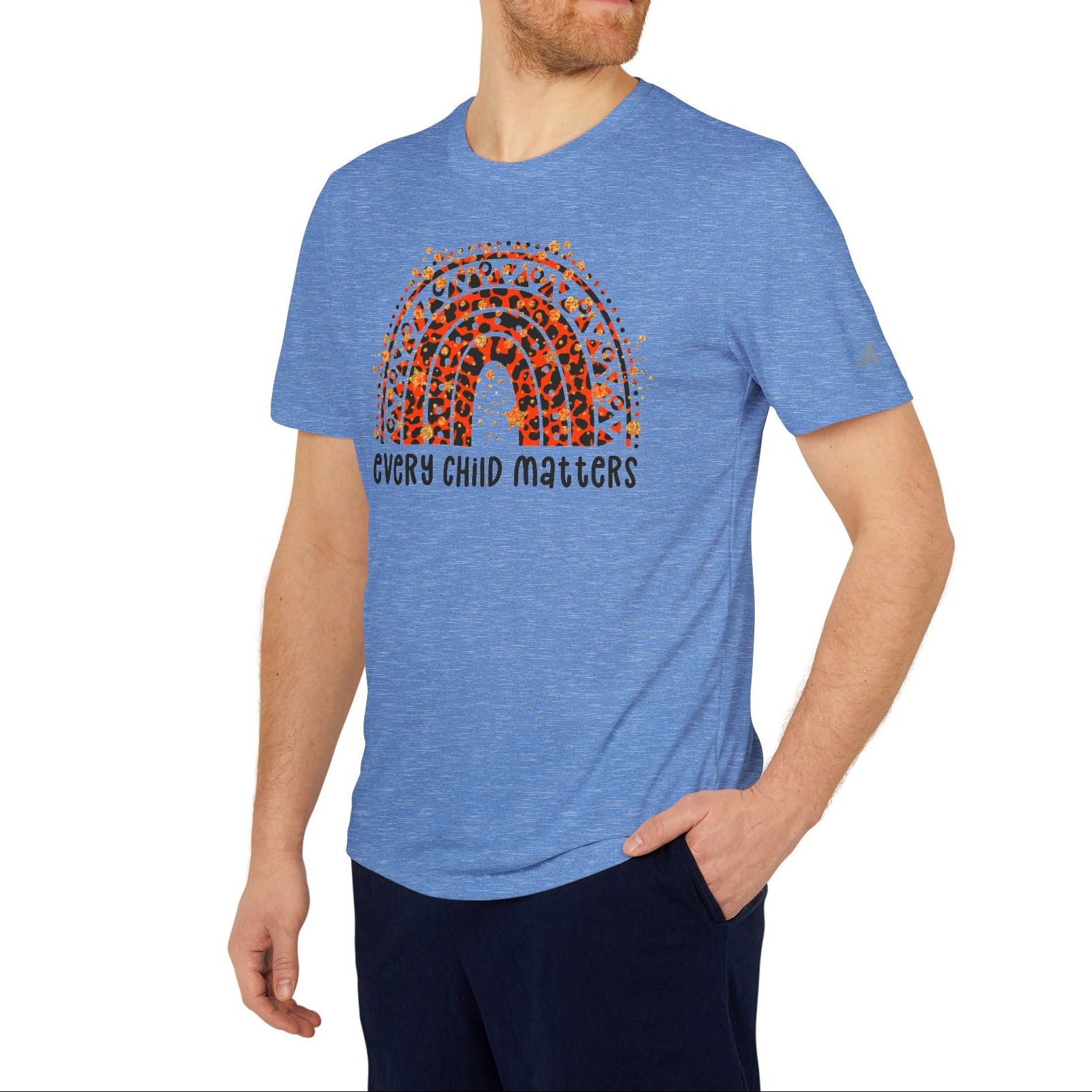 Man wearing a blue t-shirt with a graphic and text on a white background