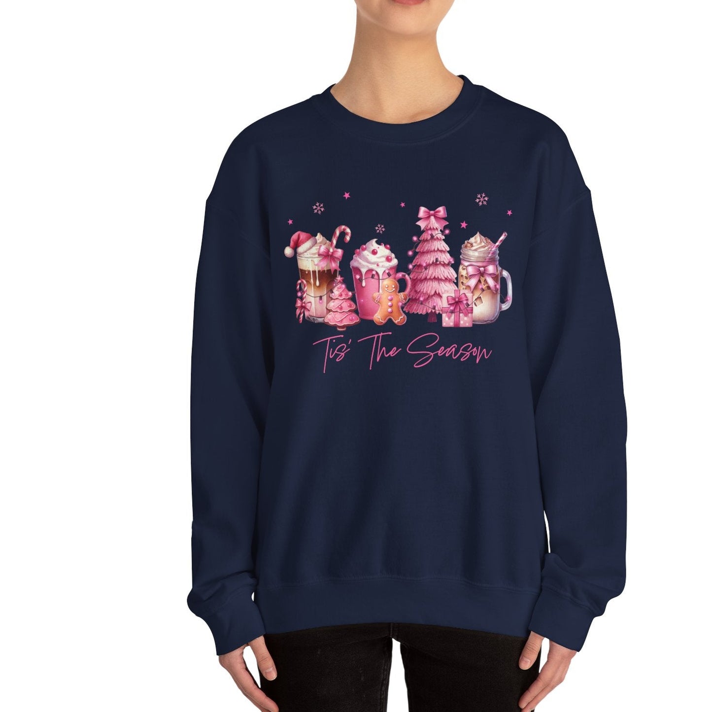 Navy blue sweatshirt with festive design and text worn by a model on a white background