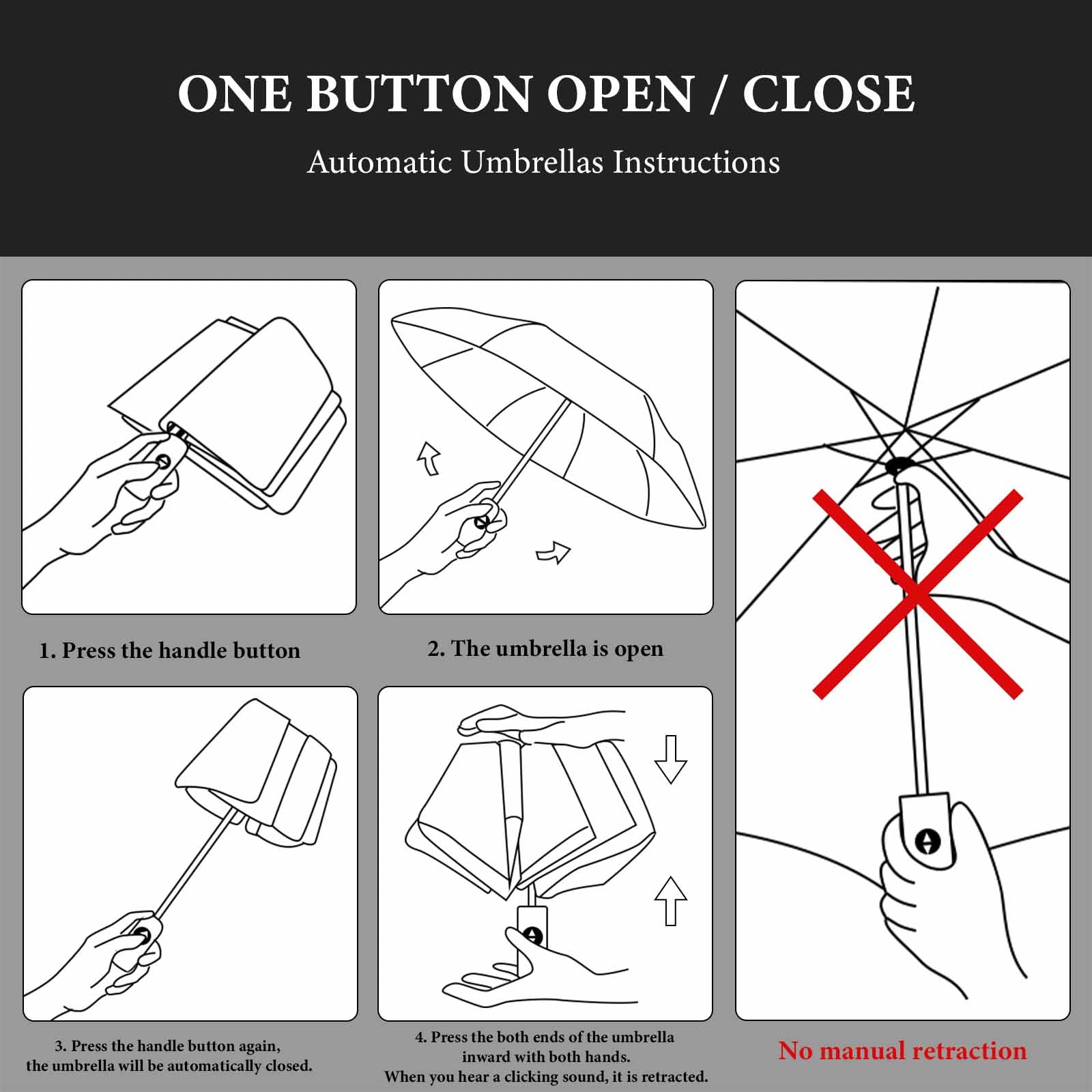 Instructions for using automatic umbrellas with line drawings and text.