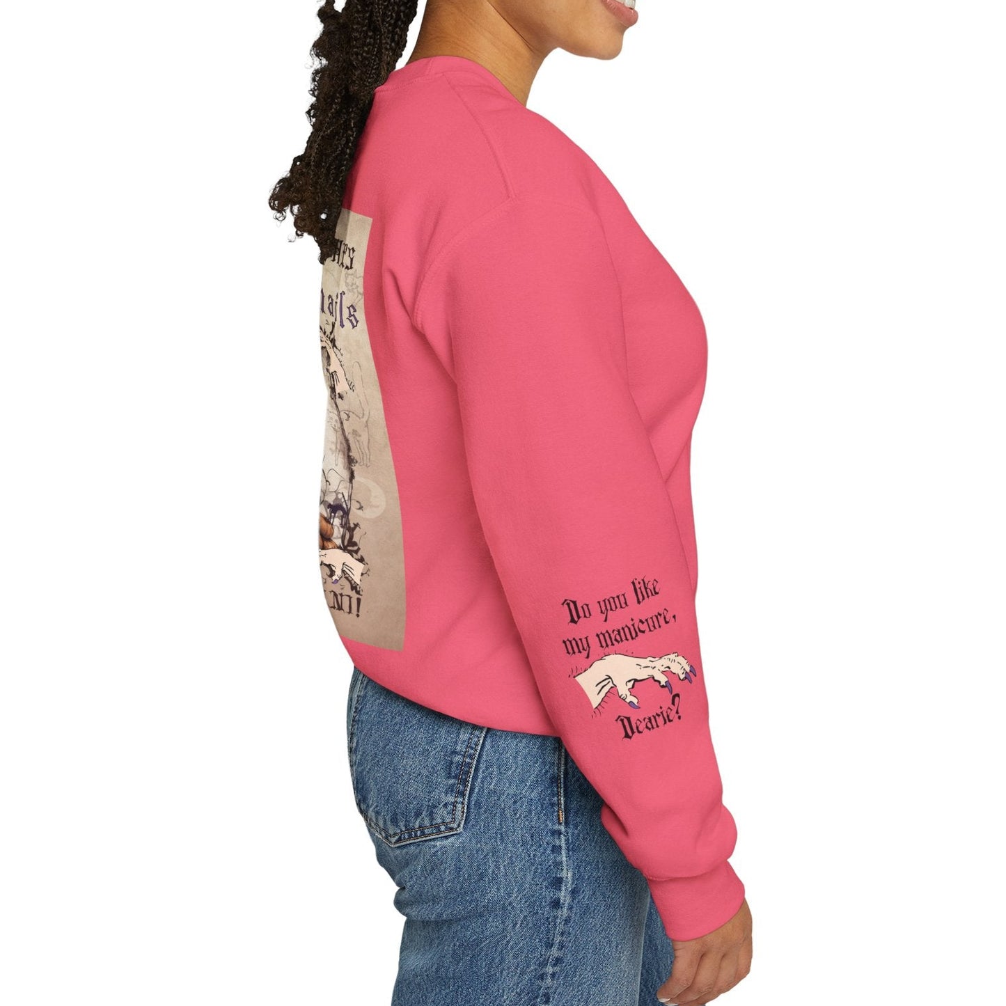 Woman wearing a pink sweatshirt with text and graphics on a white background
