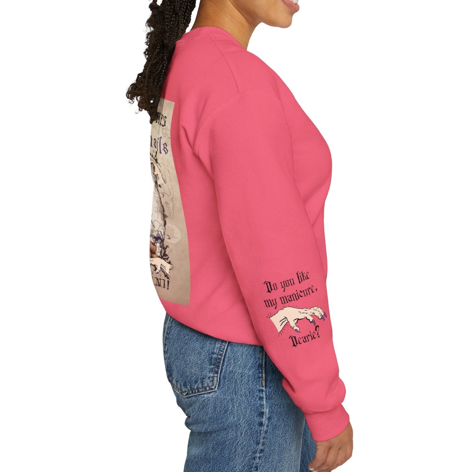 Woman wearing a pink sweatshirt with text and graphics on a white background