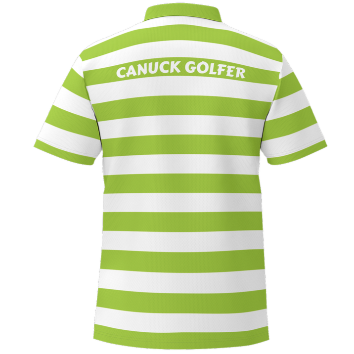 Green and white striped polo shirt with 'Canuck Golfer' text on a white background