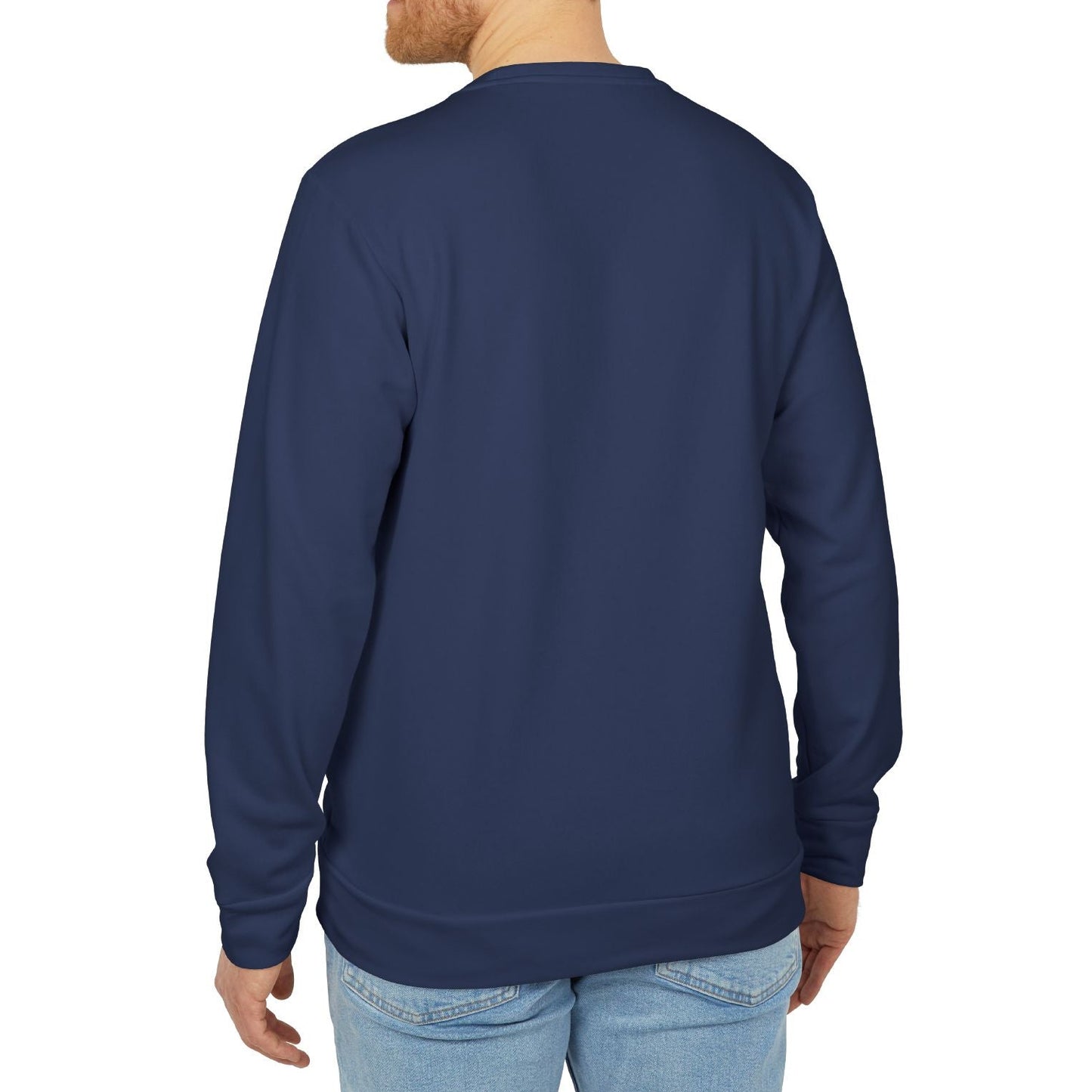 Man wearing a navy blue sweatshirt on a white background