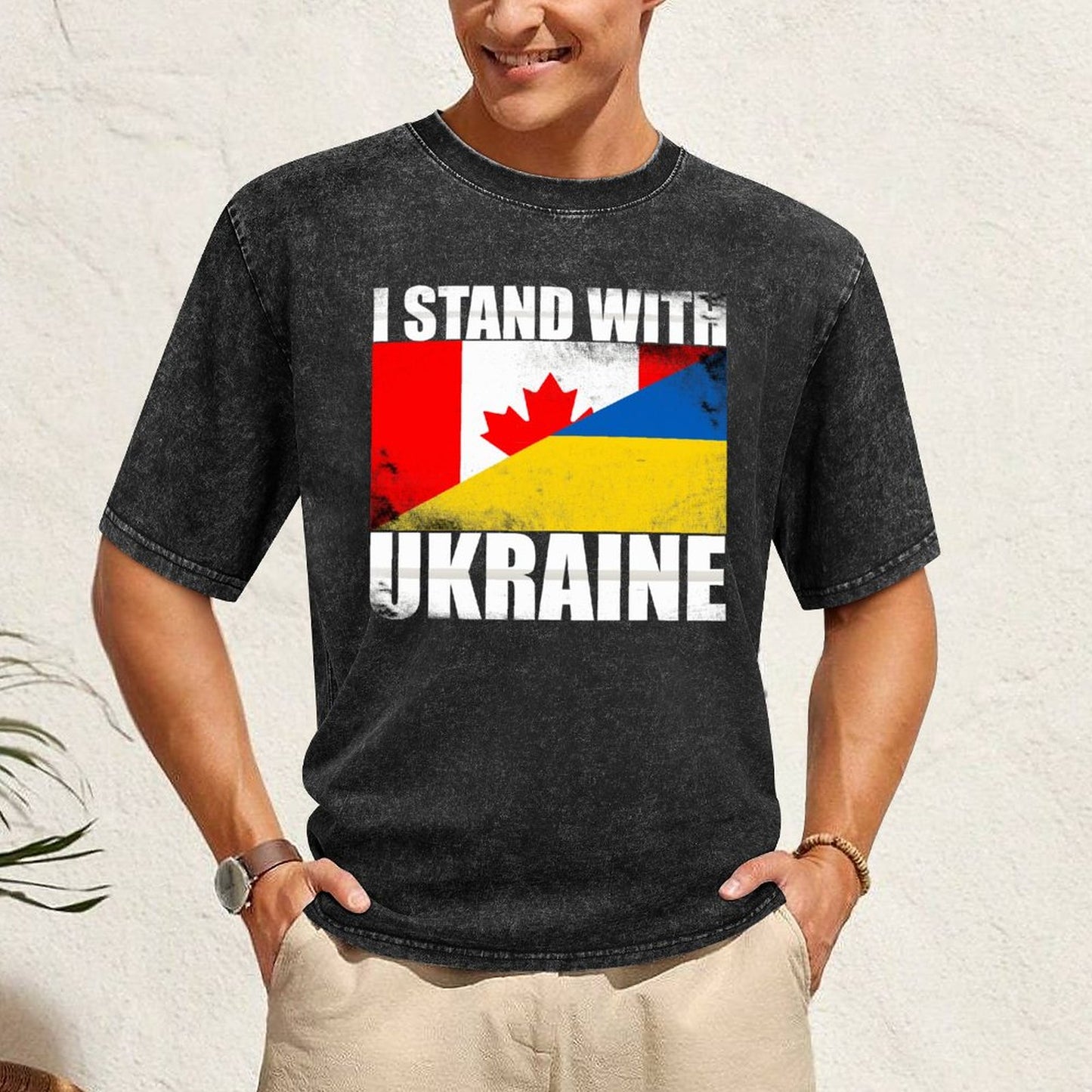 I Stand With Ukraine | Men's Stone Washed Vintage T-Shirt - Canada + Ukraine