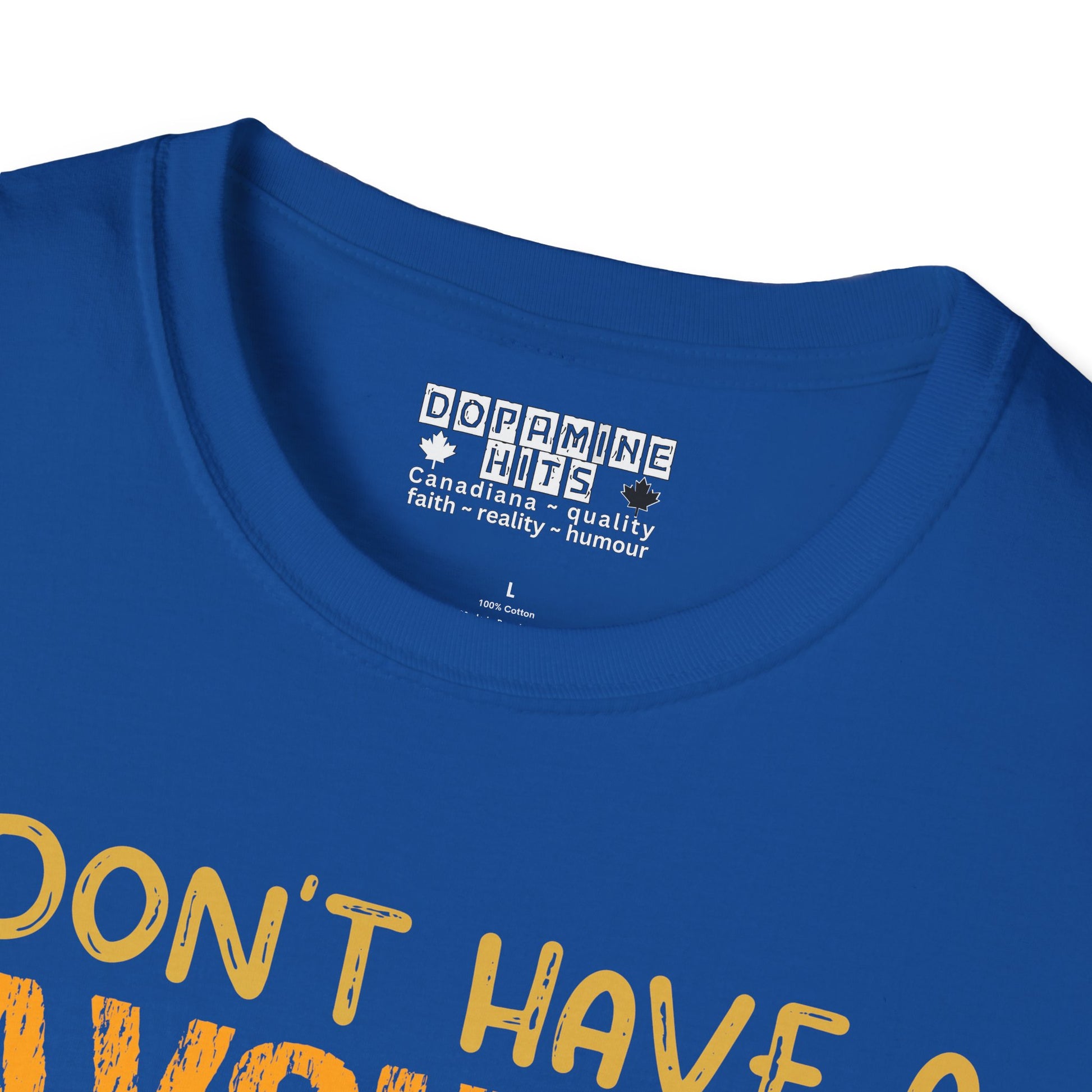 Royal Blue t-shirt with yellow text and a visible brand logo on a white background