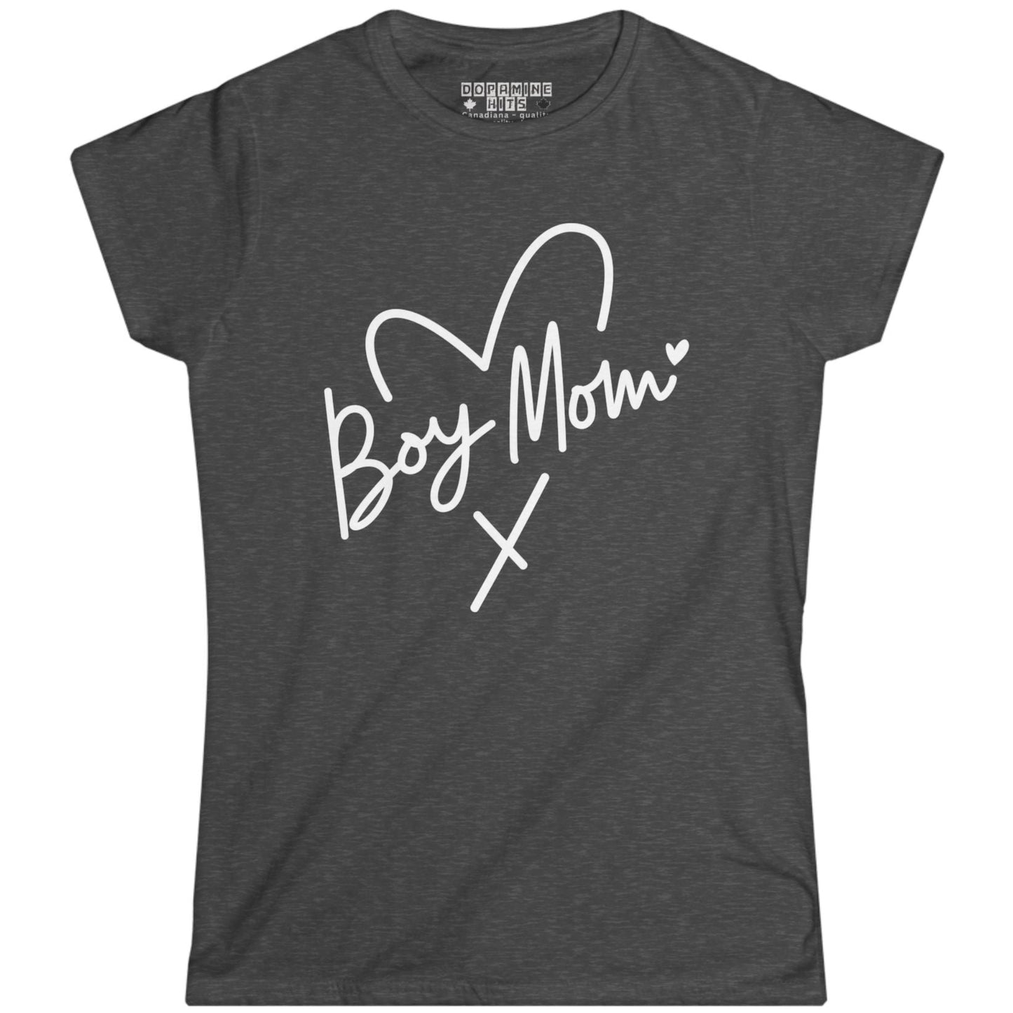 Heather gray t-shirt with 'Boy Mom' text and heart design on a white background