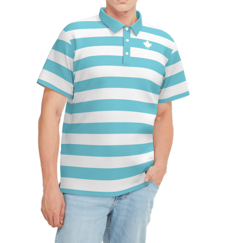 Man wearing a blue and white striped polo shirt on a white background