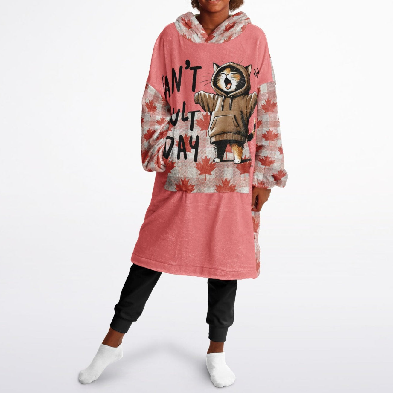 Person wearing a pink hoodie with a cat graphic and text on a white background