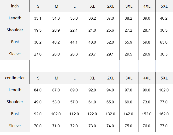 Size chart for clothing measurements in inches and centimeters.