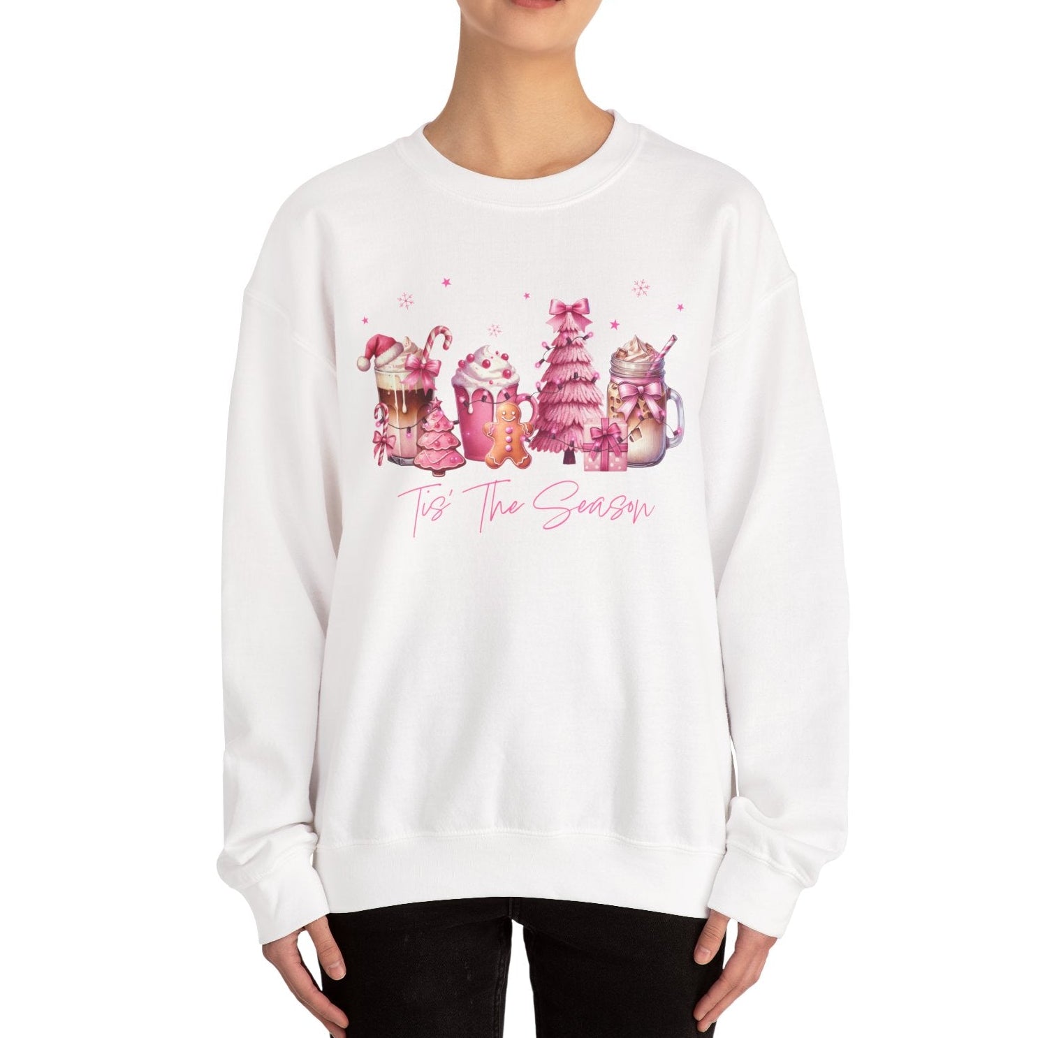 White sweatshirt with colorful cat design and text worn by a model on a white background