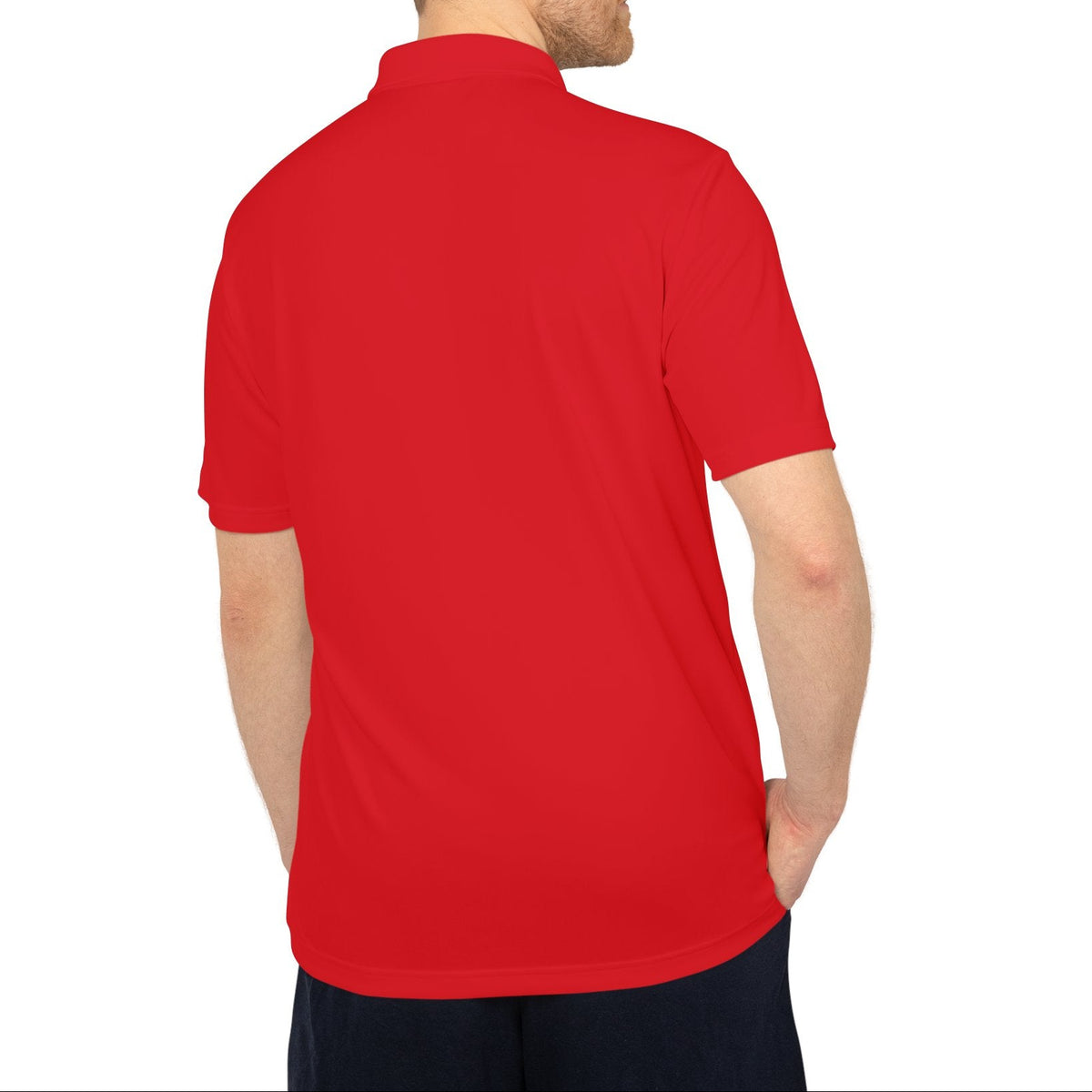 Back of a man wearing a red polo shirt on a white background