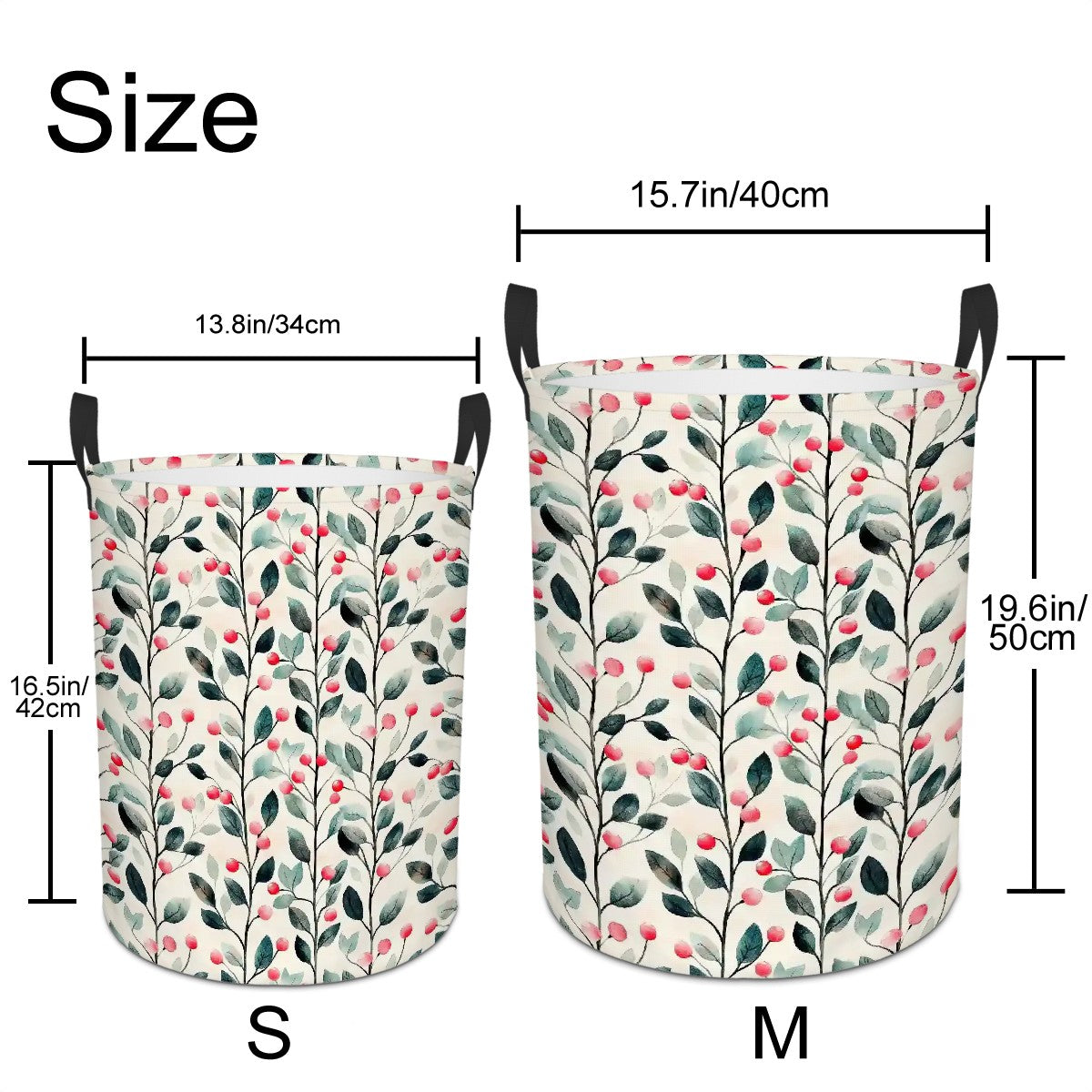 Two floral-patterned laundry baskets with measurements labeled.