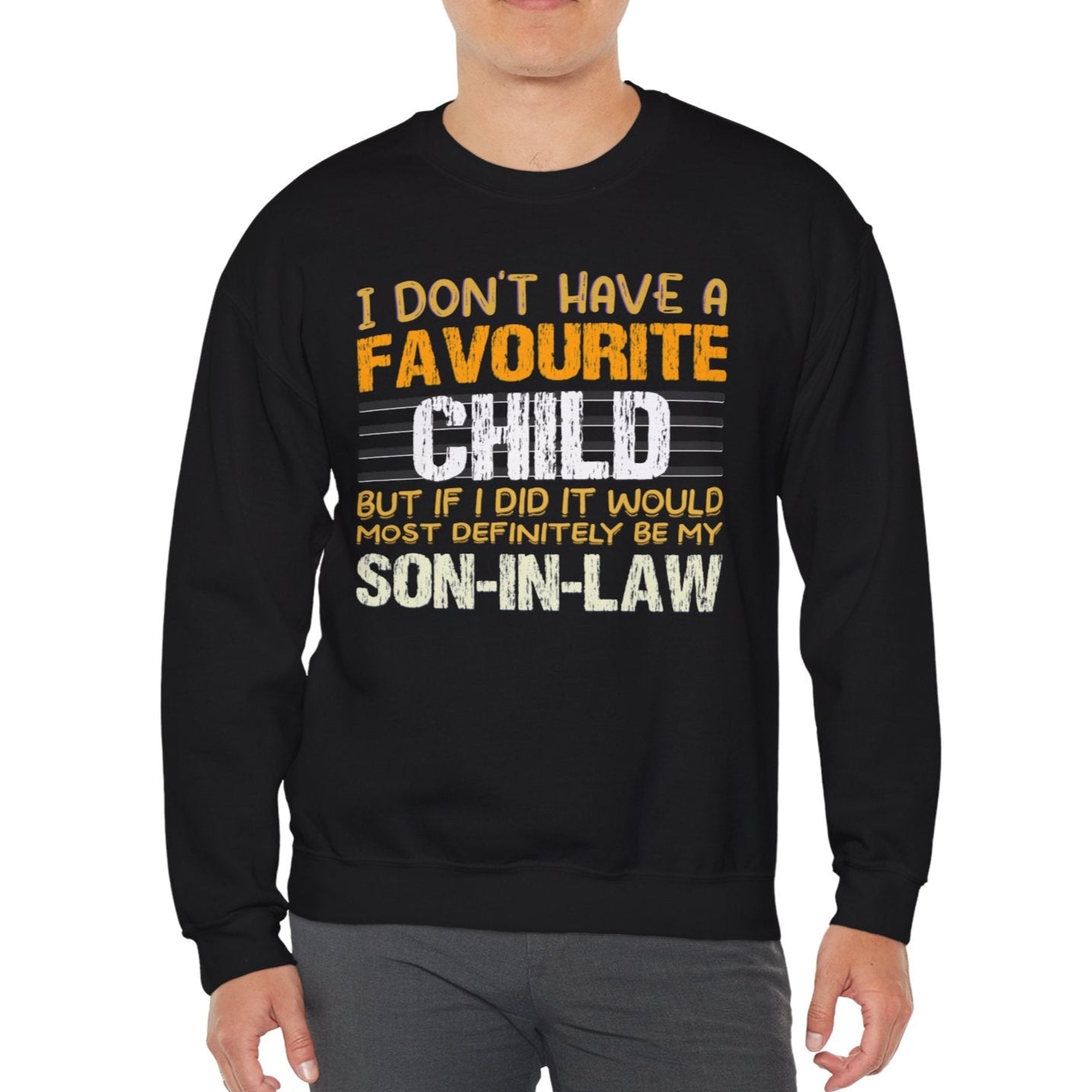 Person wearing a black sweatshirt with humorous text design on a white background