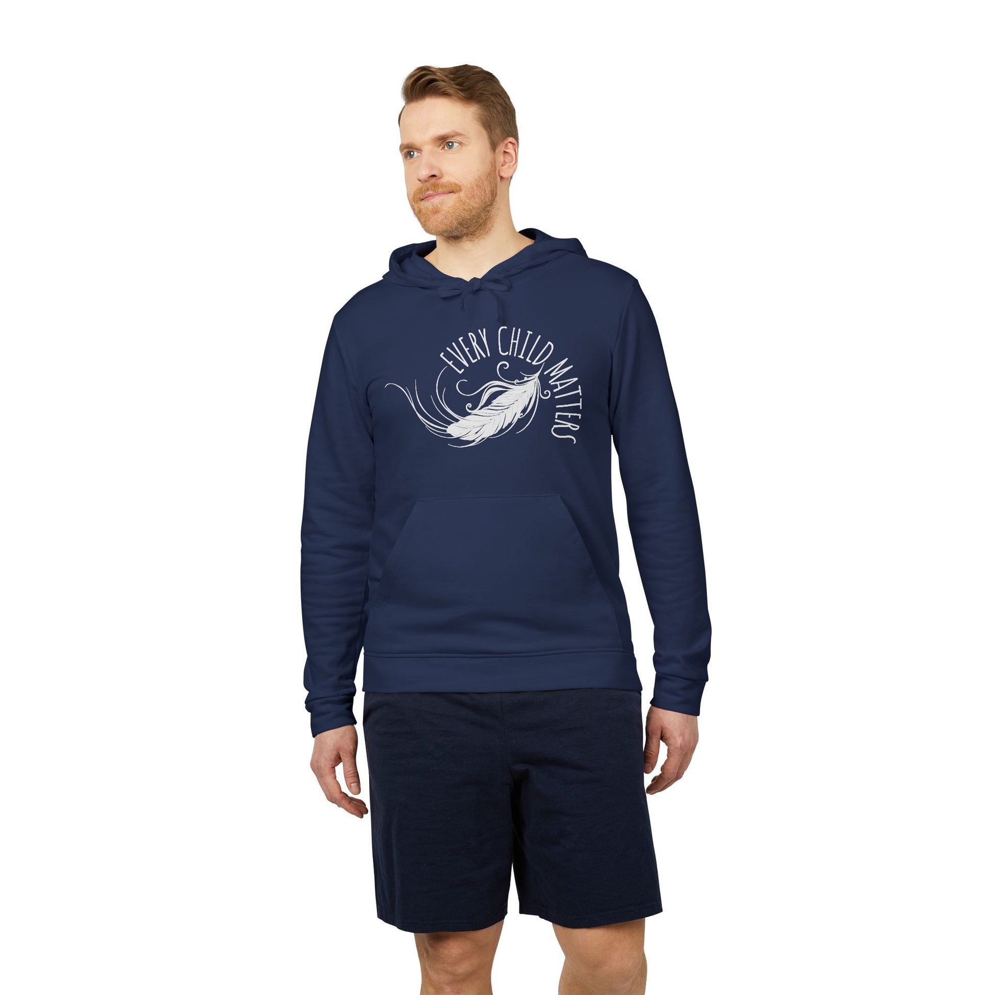 Man wearing a navy hoodie with 'Every Child Matters' graphic on a white background
