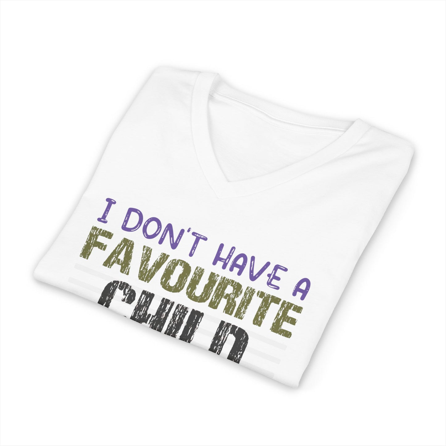 White t-shirt with colorful text on a white background