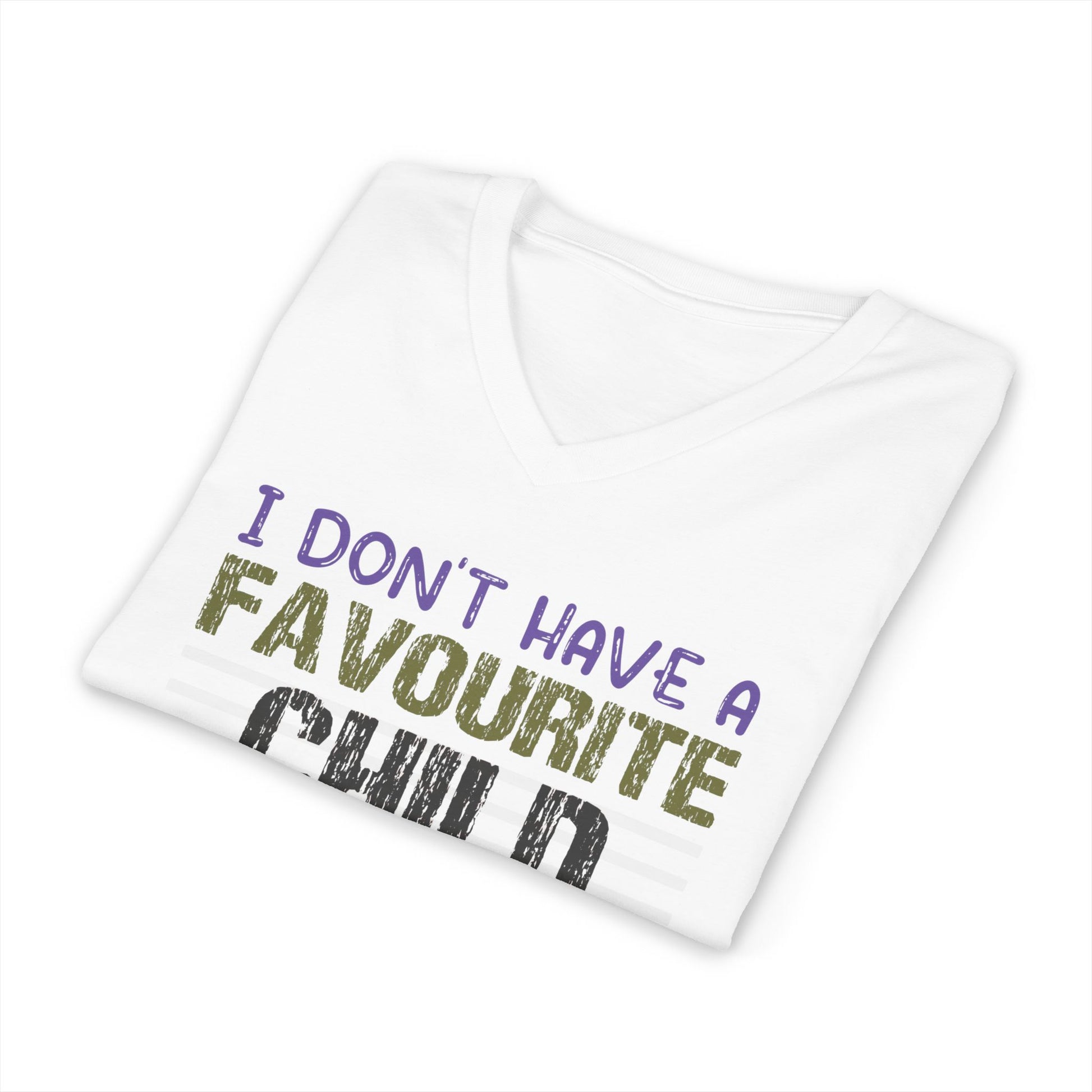 White t-shirt with colorful text on a white background