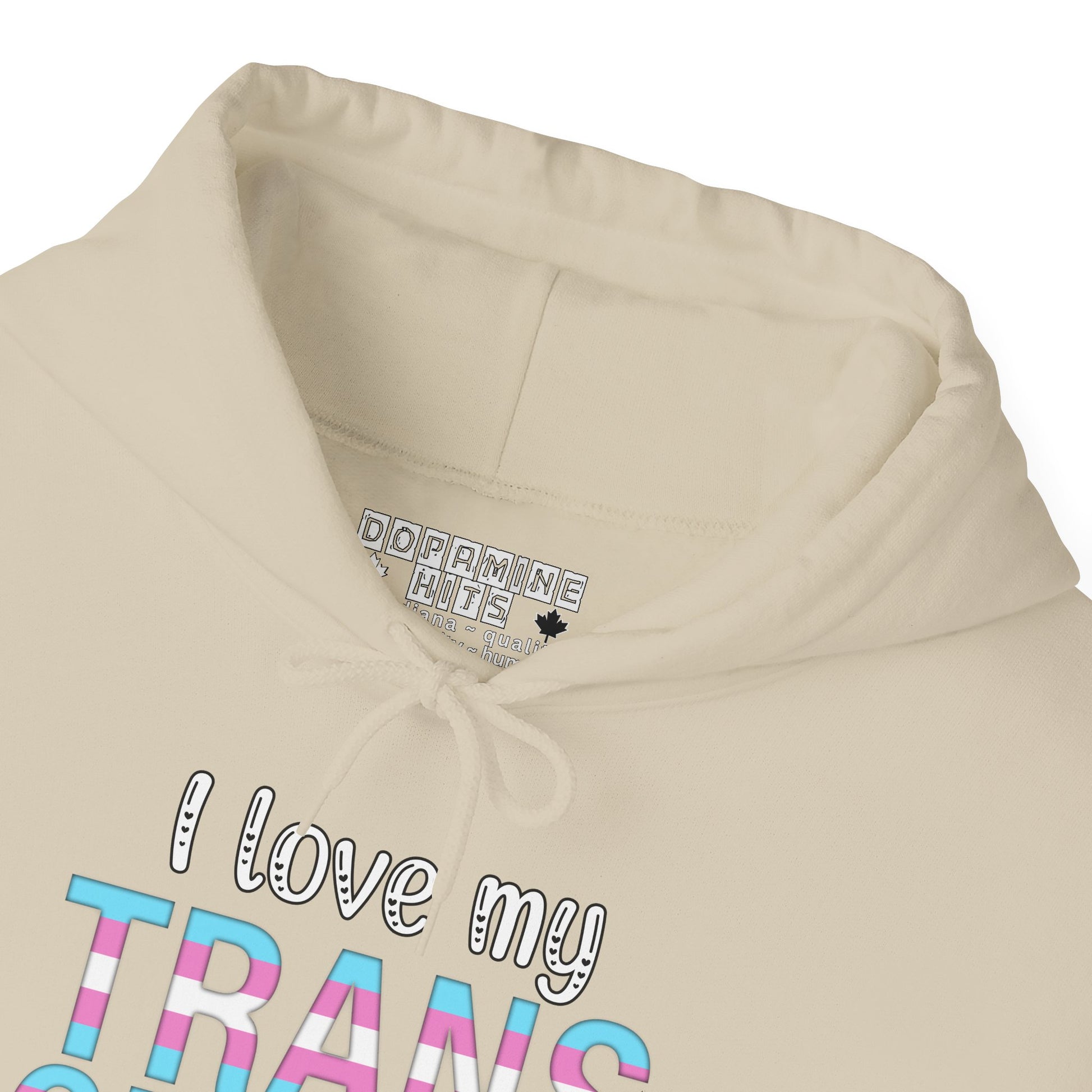 Beige hoodie with 'I love my TRANS' text and brand label on a white background