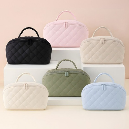 Lay-Flat Quilted Makeup Bag | 180° Cosmetic Organizer - Retro Diamond Design