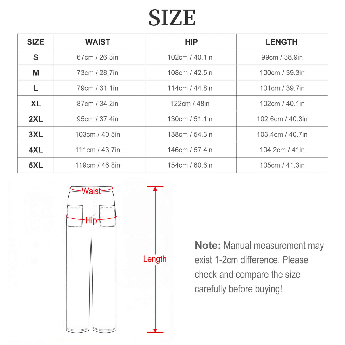 Size chart for pants with measurements in centimeters and inches, including a diagram of waist, hip, and length.
