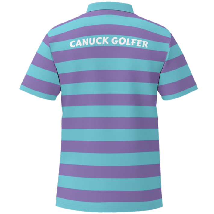 Striped polo shirt with 'Canuck Golfer' text on a white background