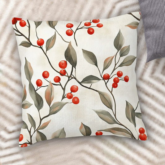 Festive Red Berries - Corduroy Throw Pillow Covers with Core (Double-Sided Design)