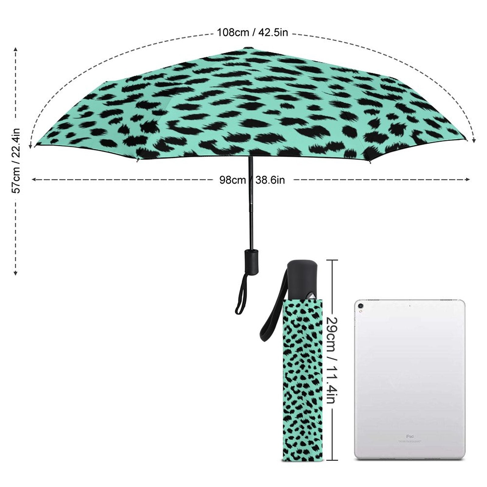 Green leopard print umbrella with measurements on a white background