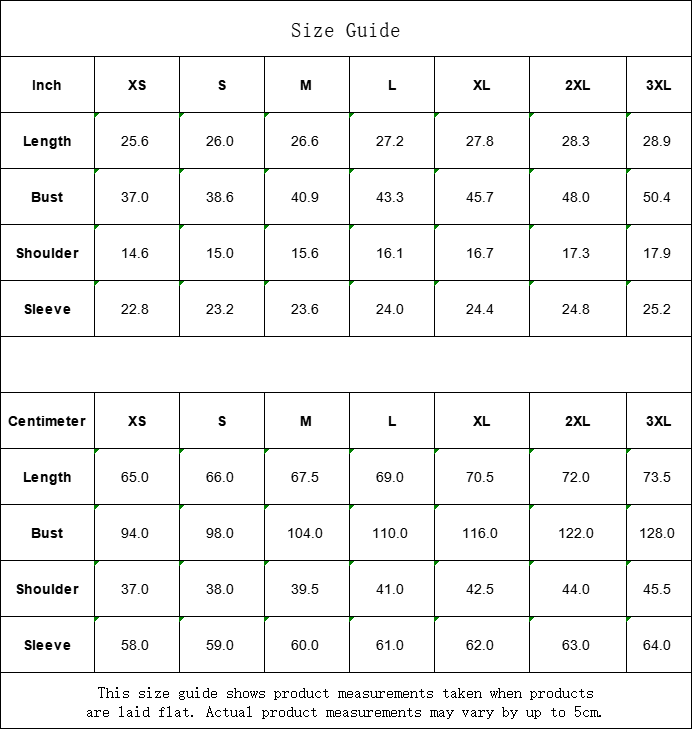Size guide chart for clothing measurements in inches and centimeters.