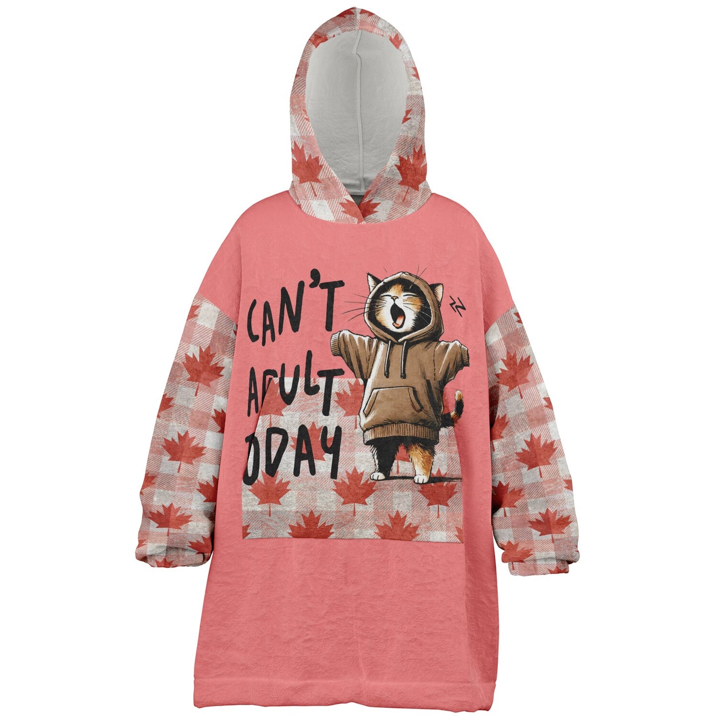 Pink hoodie with cartoon cat and text on a white background