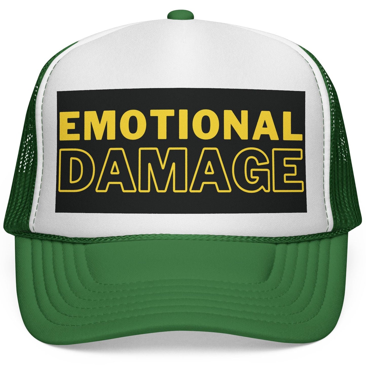 Green and white cap with 'EMOTIONAL DAMAGE' text on a white background