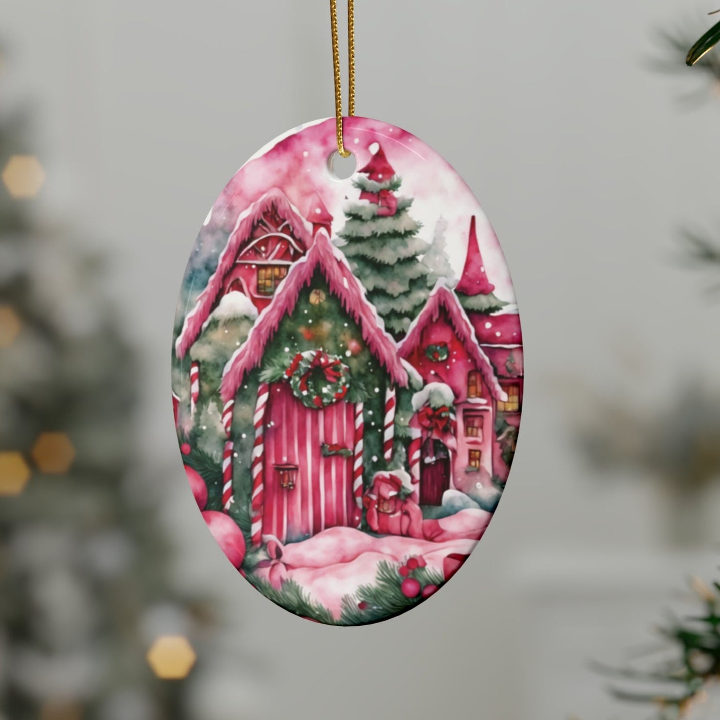 Idyllic Fantasy Christmas Scene | Pink Ceramic Ornaments (1pcs, 5pcs, 10pcs, 20pcs) - 26