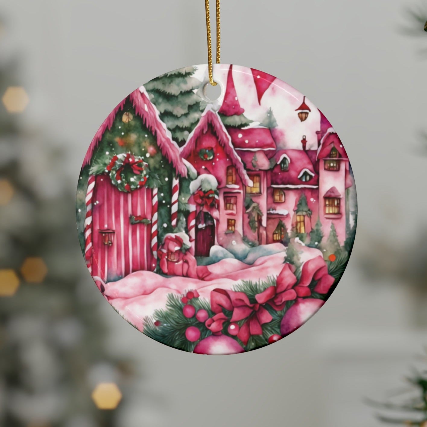 Idyllic Fantasy Christmas Scene | Pink Ceramic Ornaments (1pcs, 5pcs, 10pcs, 20pcs) - 26