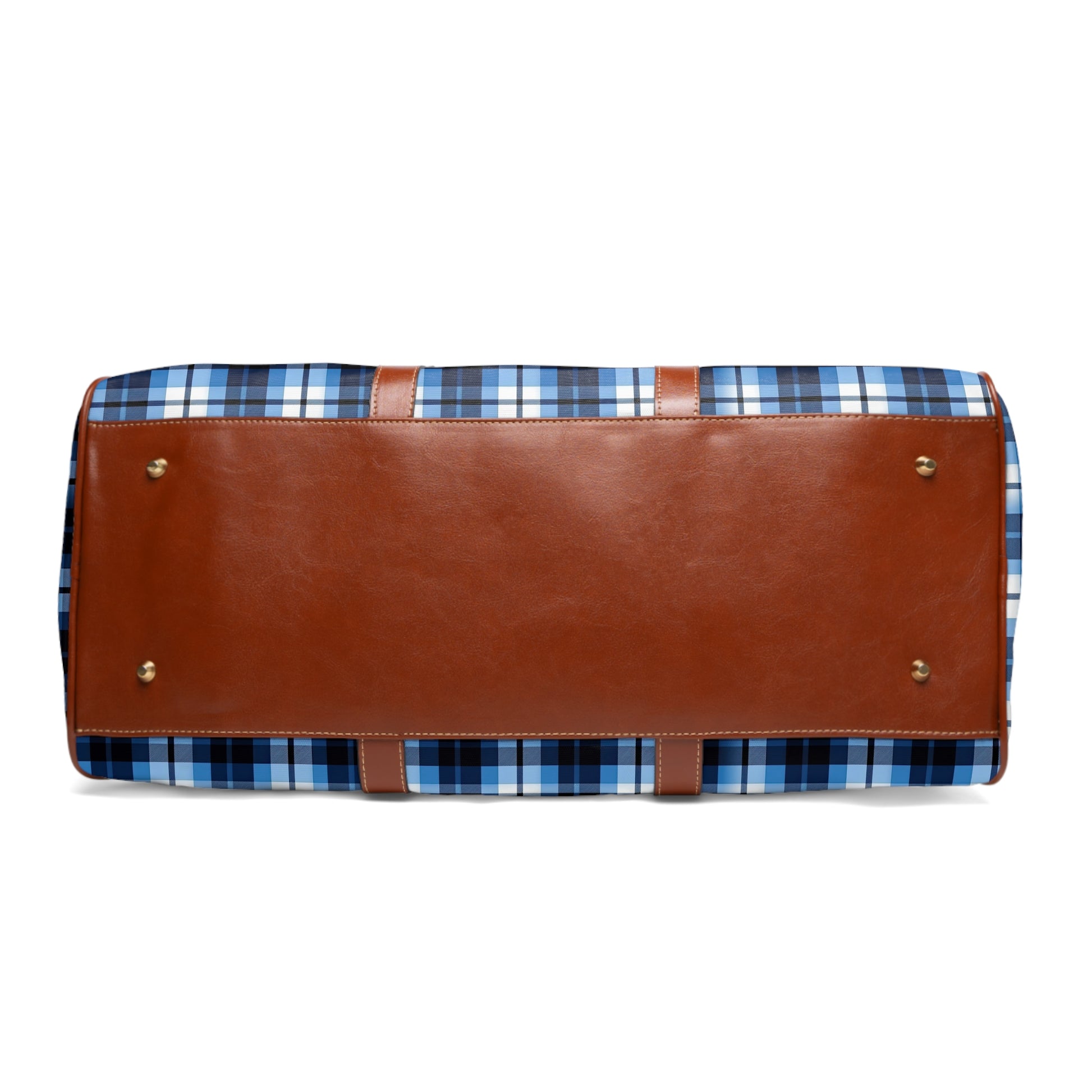 Brown leather bottom with blue plaid pattern on a white background