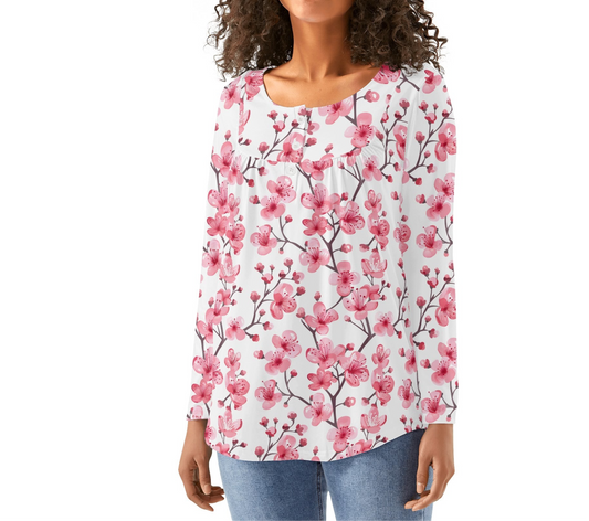 Spring Pinks | Women's Long Sleeve Loose Flare Blouse -  Avail in Plus Sizes