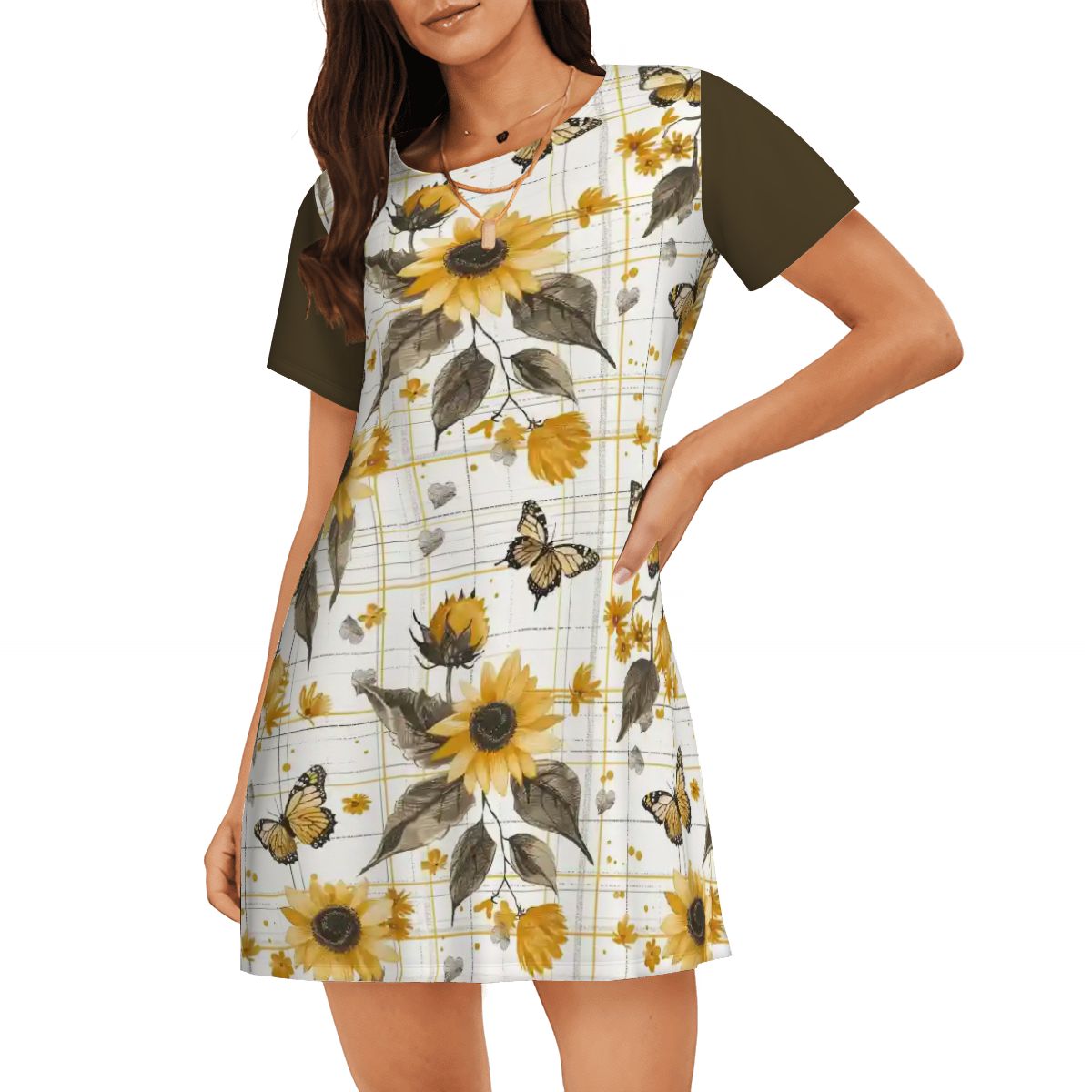 Sunflowers & Butterflies Plaid | Comfy Cotton-Feel Nightshirt Women’s Sleepwear – Soft and Easy to Wear