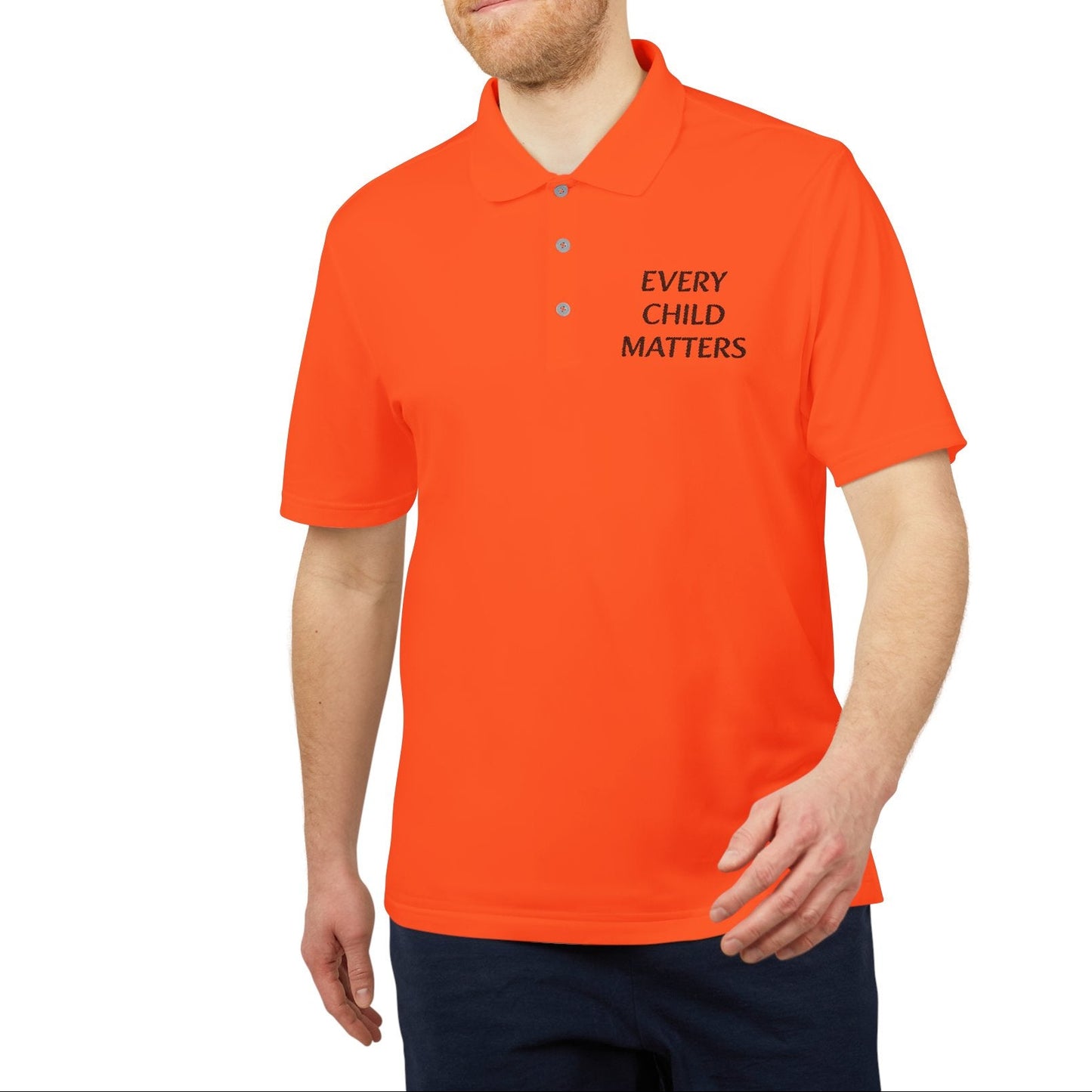 Man wearing an orange polo shirt with 'EVERY CHILD MATTERS' text on a white background