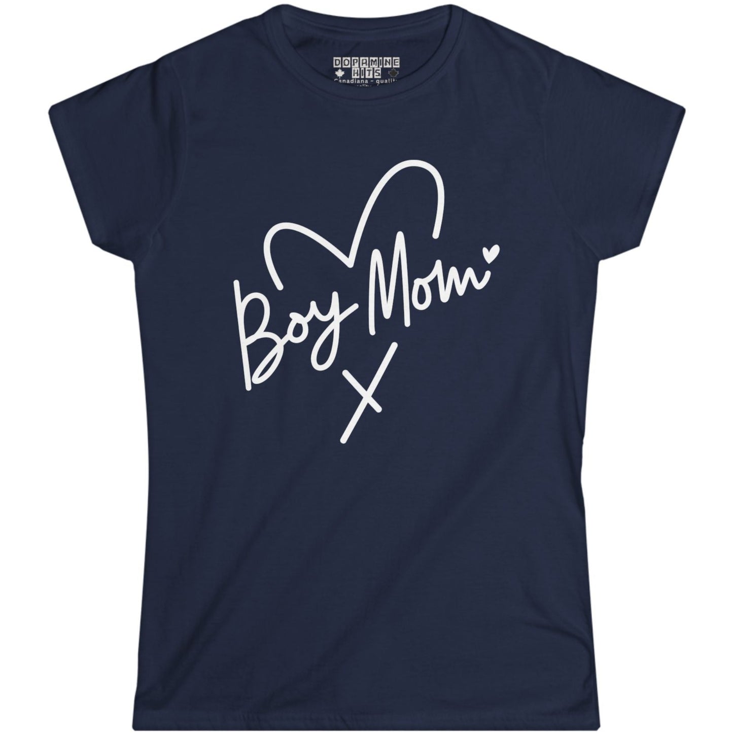Navy blue t-shirt with 'Boy Mom' text on a white background