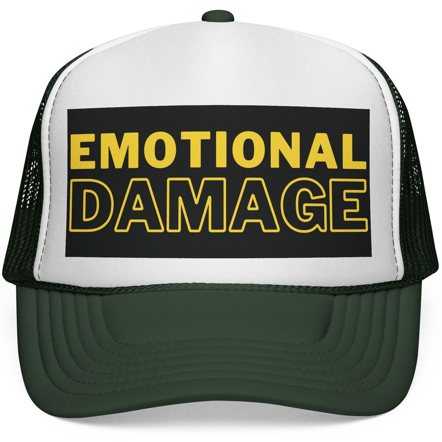 Trucker hat with 'EMOTIONAL DAMAGE' text on a white background