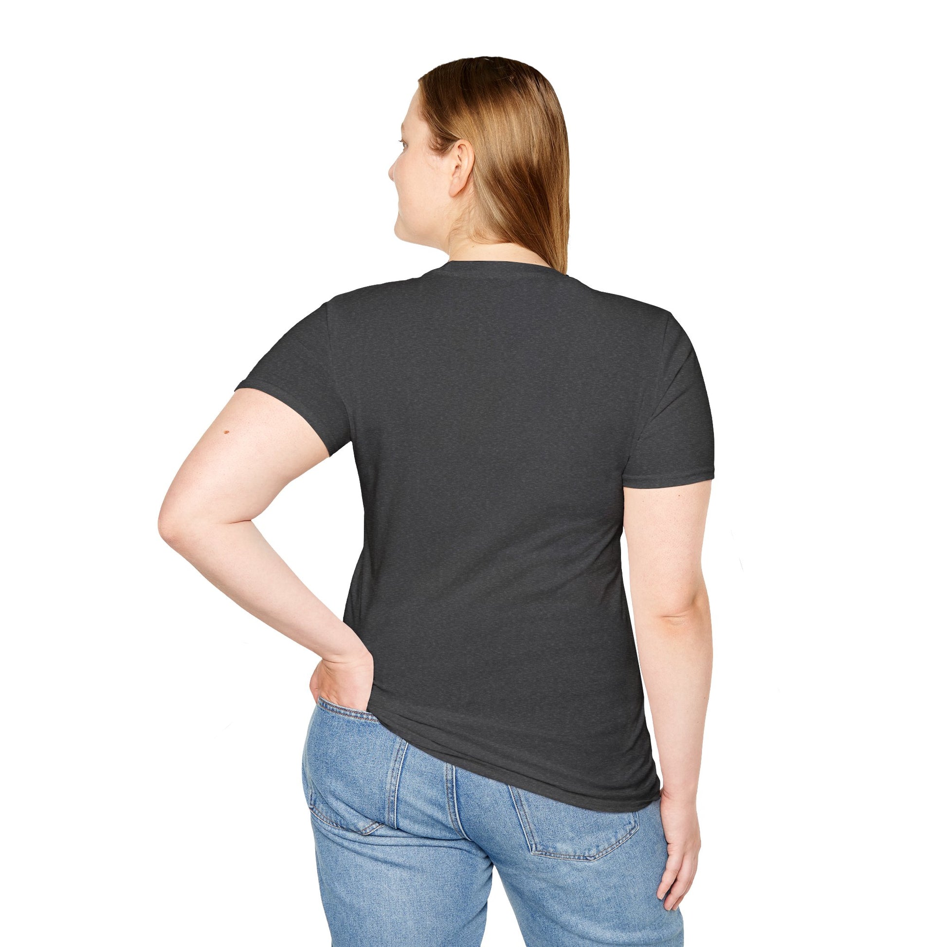 Person wearing a dark heather t-shirt and blue jeans on a white background