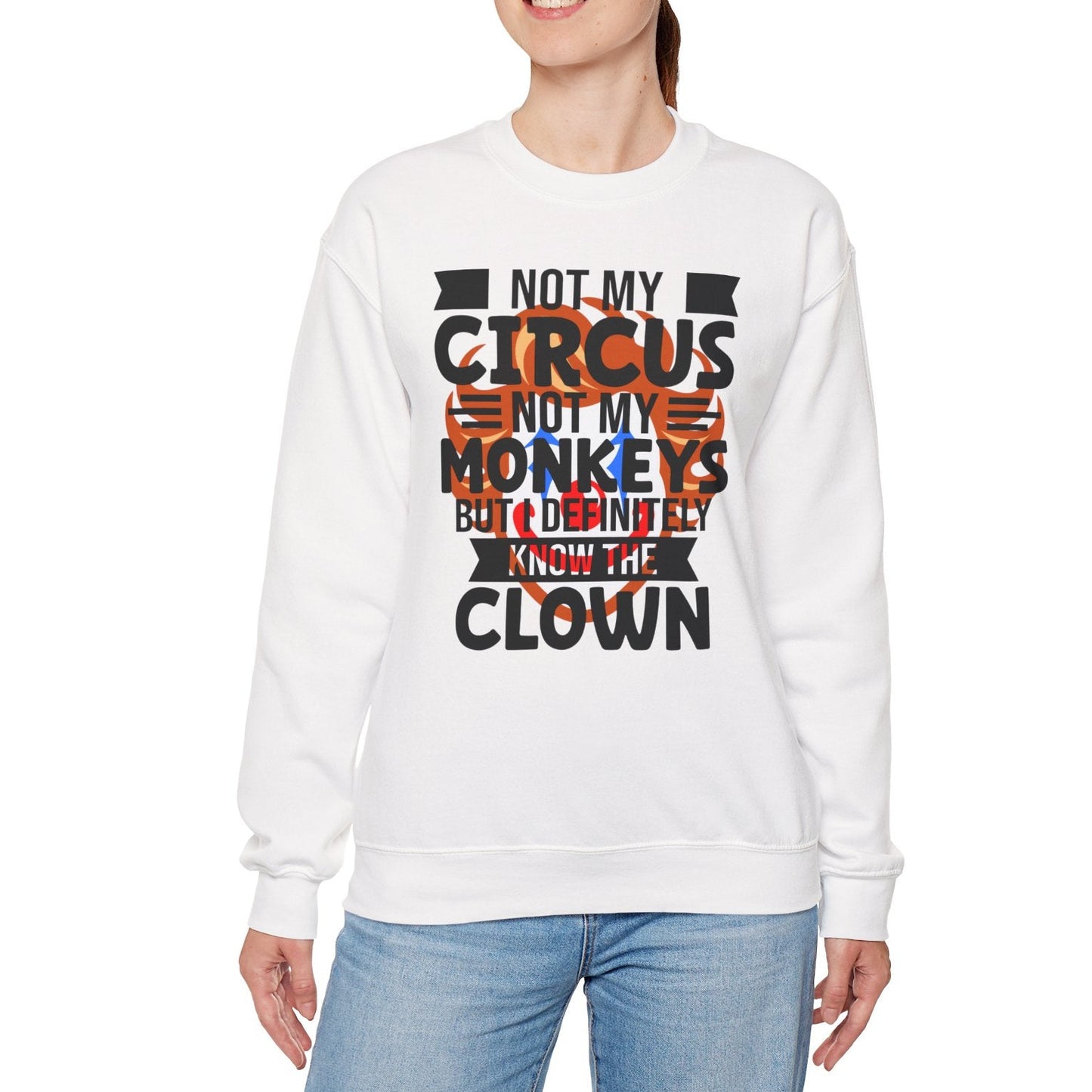 Woman wearing a white sweatshirt with colorful text design on a white background