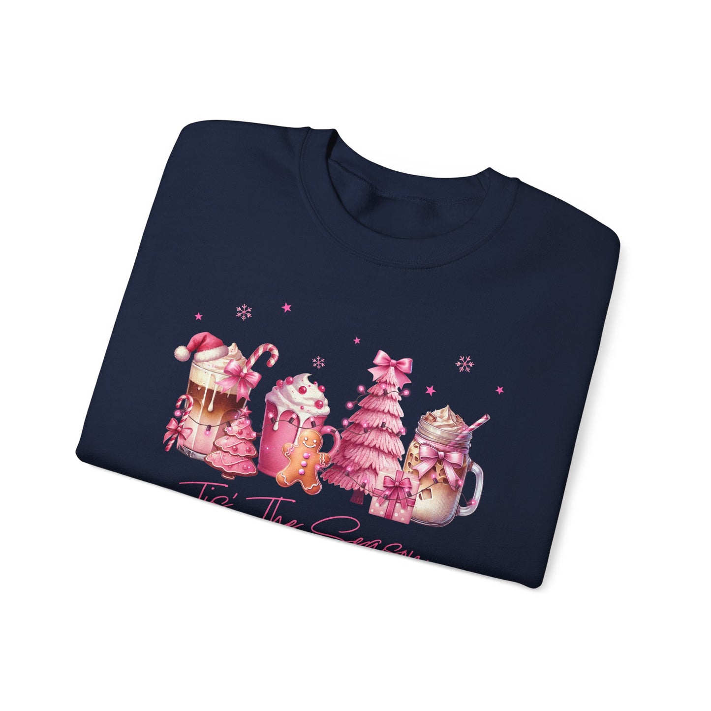 Folded navy blue sweatshirt with Christmas-themed design on a white background