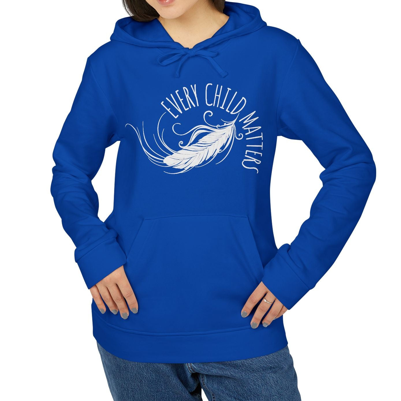 Person wearing a blue hoodie with a white feather design and text on a white background