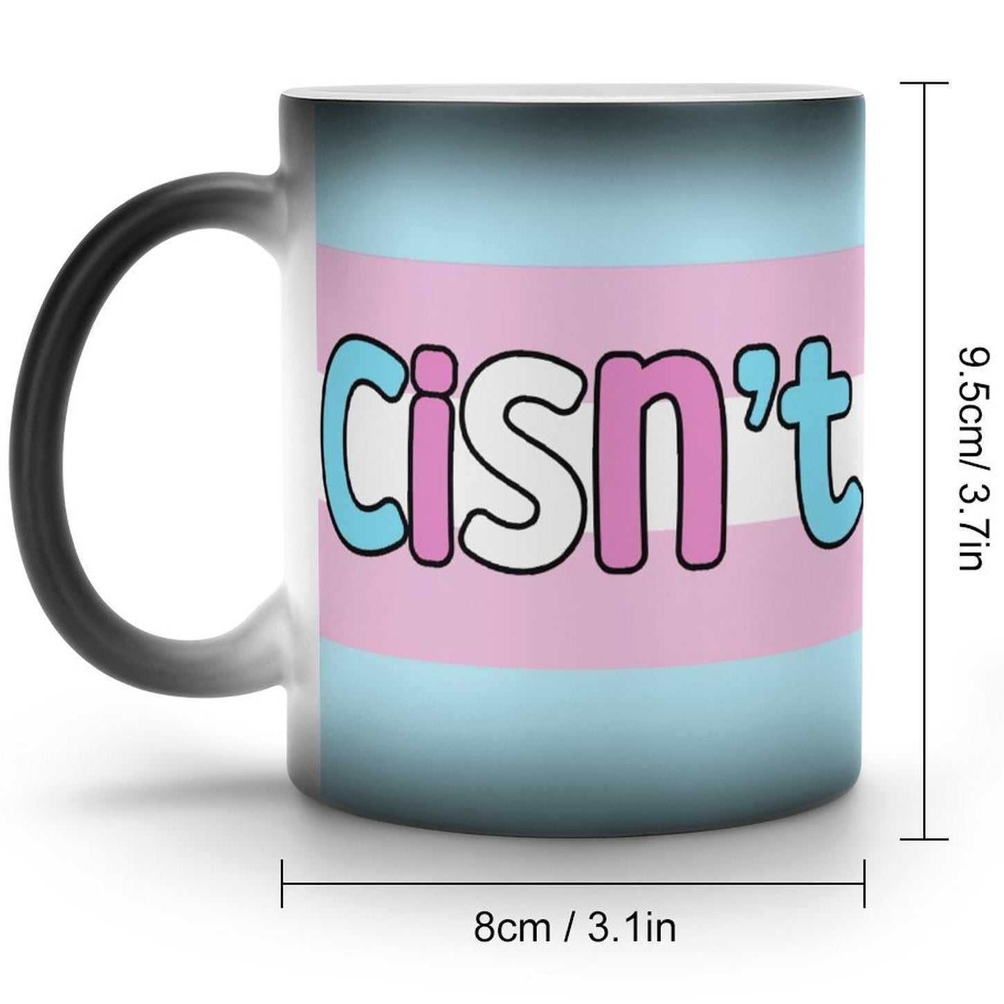 Mug with 'Cisn't' text on a striped background, showing measurements.