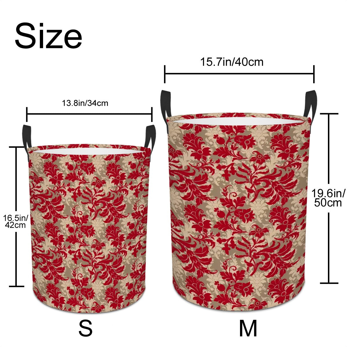 Two floral-patterned laundry baskets with measurements labeled on a white background