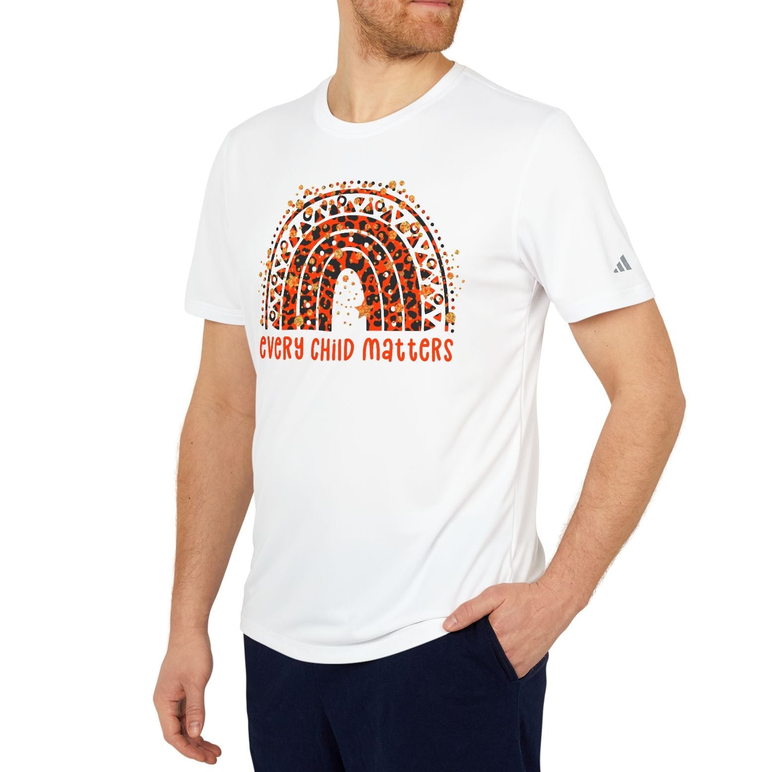 Man wearing a white t-shirt with a graphic and text on a white background