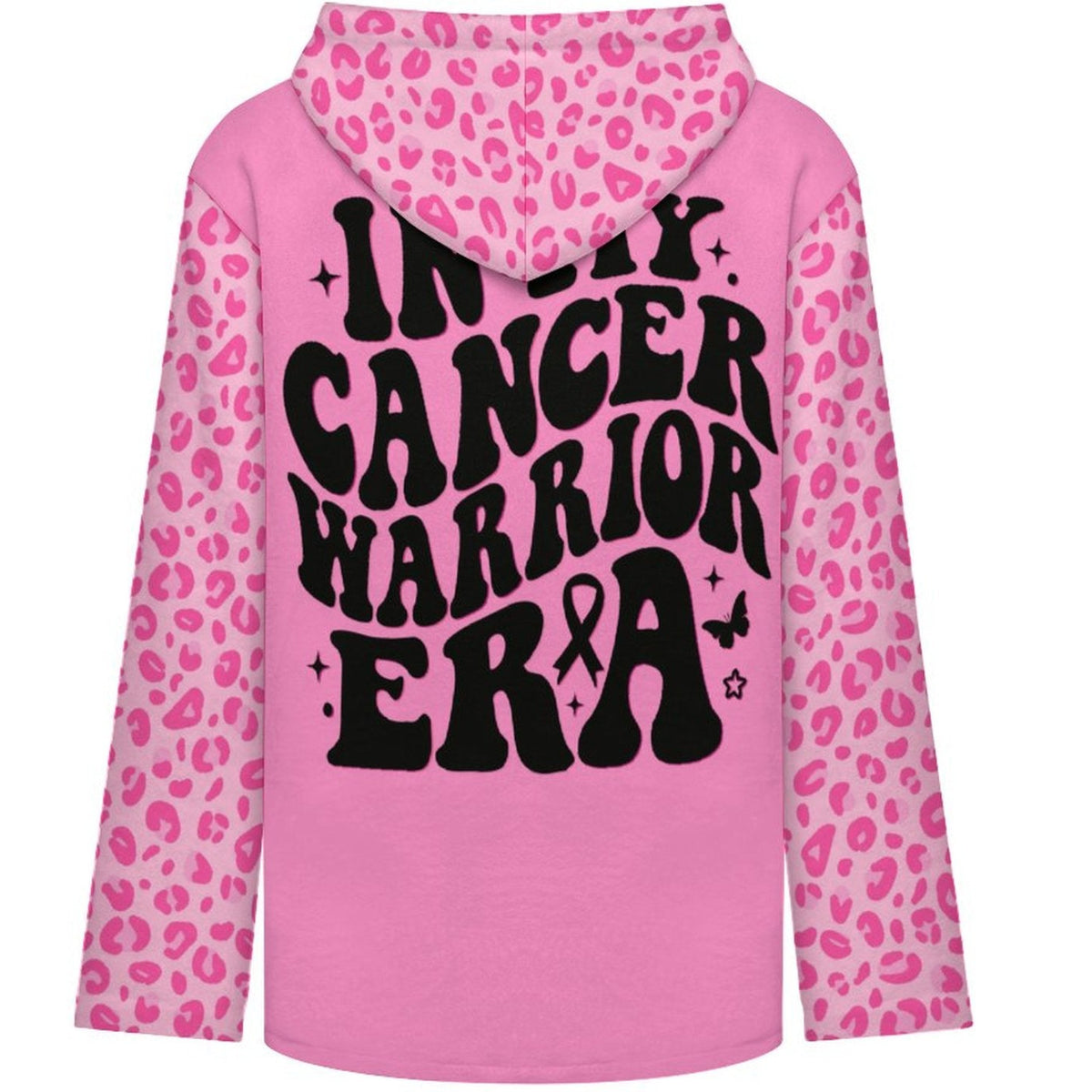 A pink long-sleeve hoodie with a pink leopard print pattern on the hood and sleeves, featuring the text 'IN MY CANCER WARRIOR ERA' in bold black letters with a pink ribbon on the back.