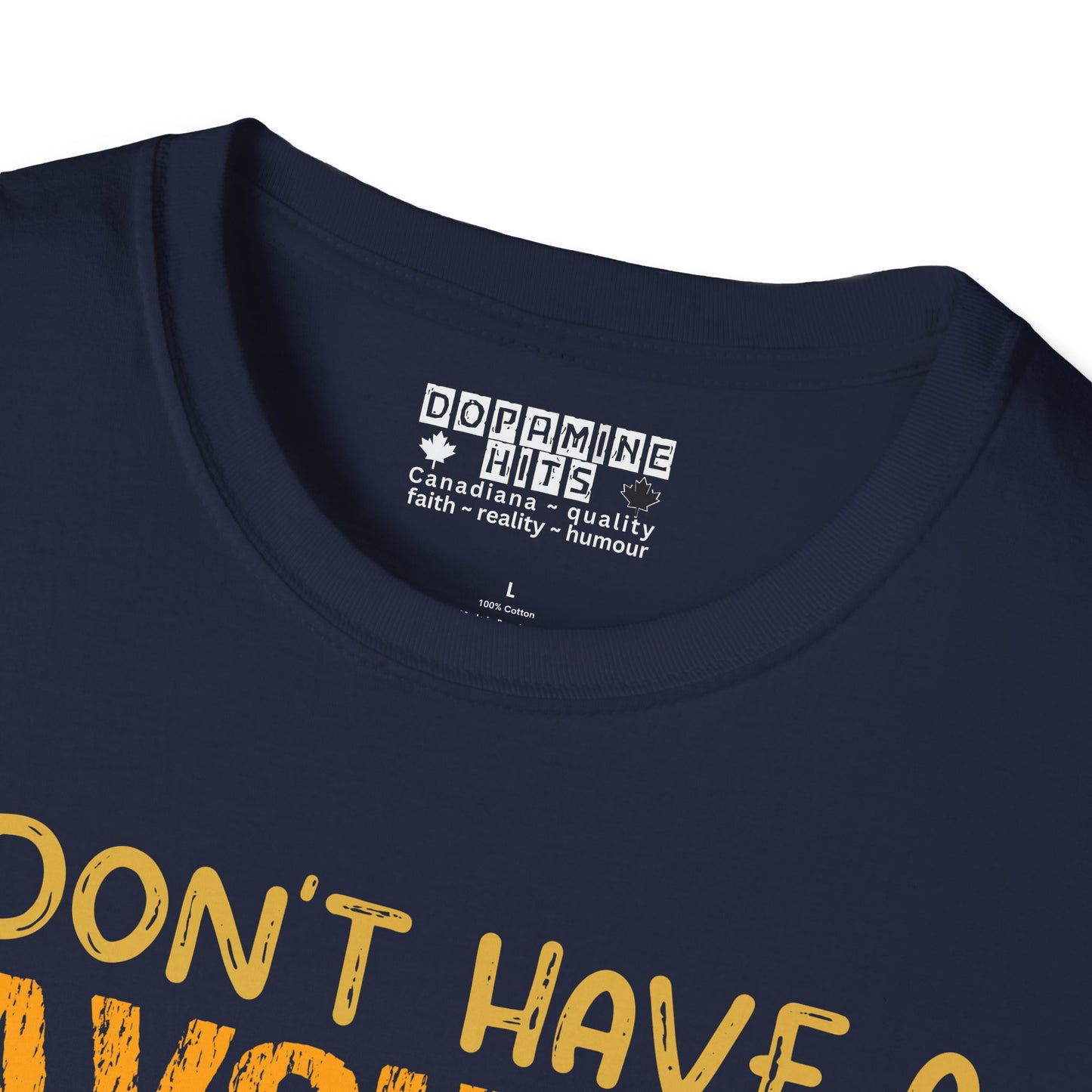 Navy blue t-shirt with yellow text and a visible brand label on a white background