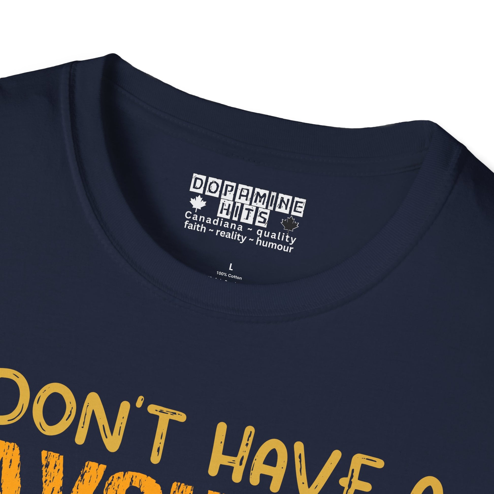 Navy blue t-shirt with yellow text and a visible brand label on a white background